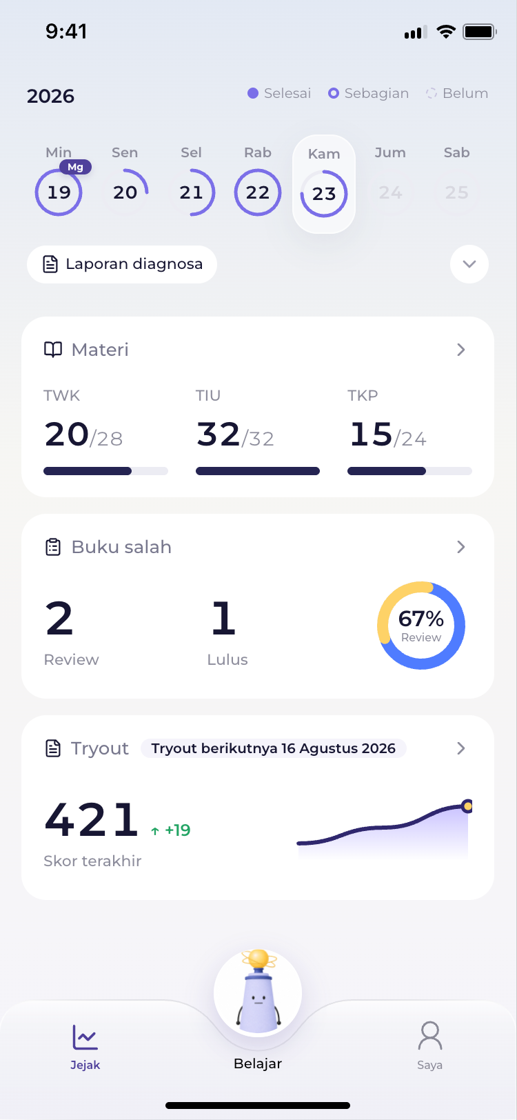 Halaman progres, materi, dan tryout PassrCPNS
